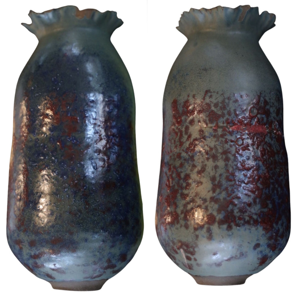 Handcrafted Textured Ceramic Art Vase – Blue & Oxide Red Glaze