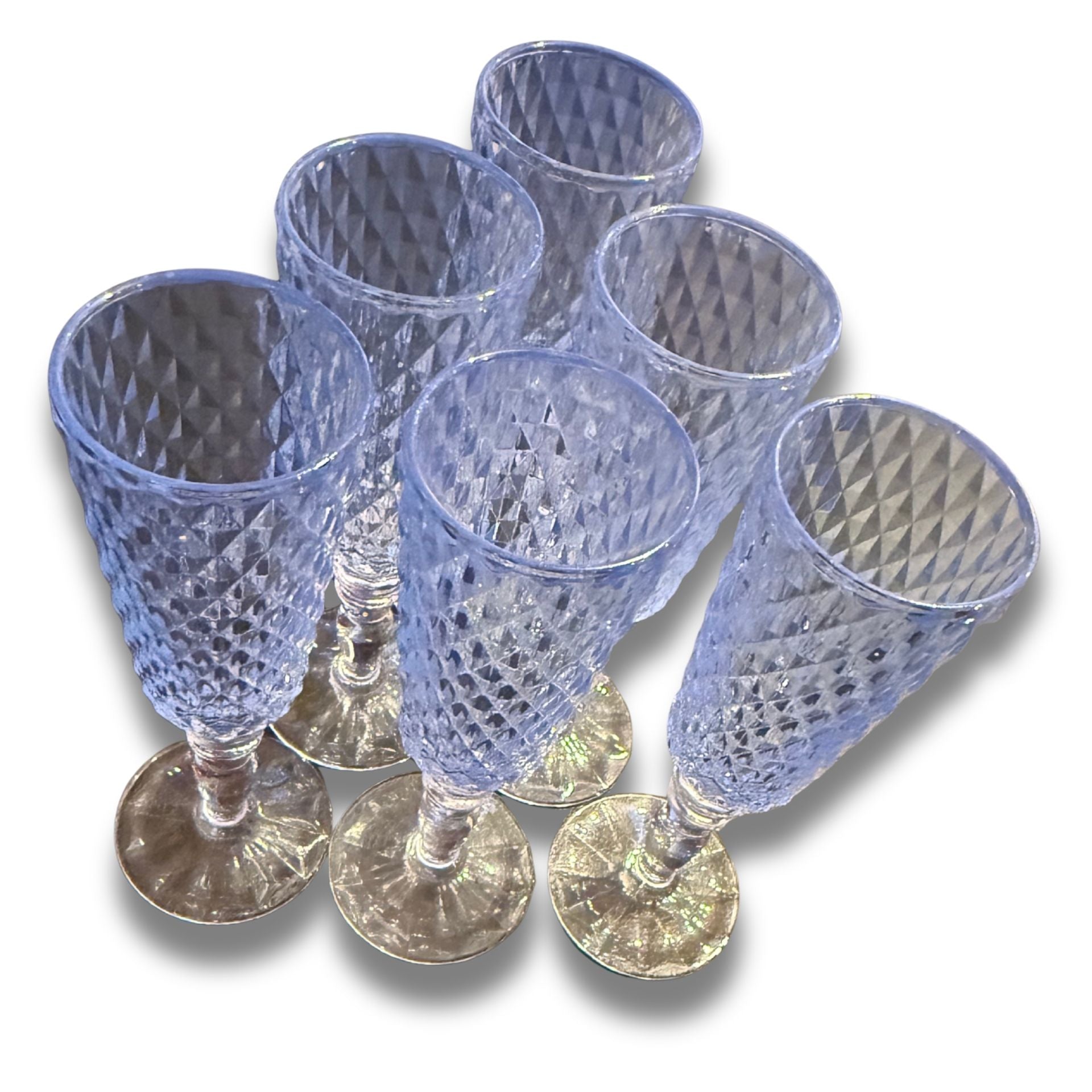 Set of 6 Vintage Blue Cut Glass Champagne Flutes — Diamond Pattern, Tall Stemware