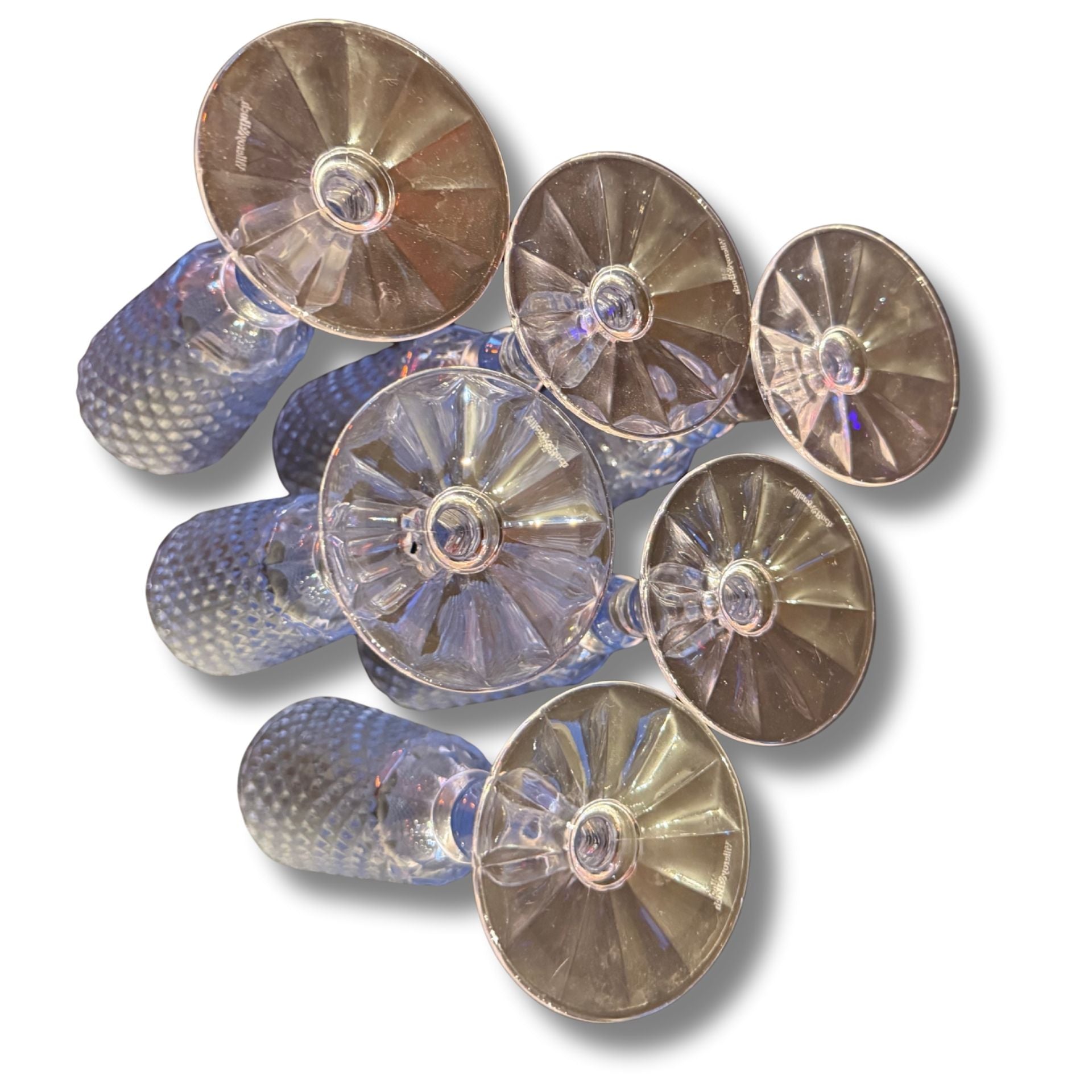 Set of 6 Vintage Blue Cut Glass Champagne Flutes — Diamond Pattern, Tall Stemware