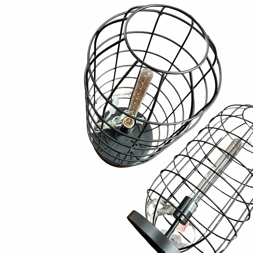 Industrial Black Metal Cage Lanterns — Set of 2