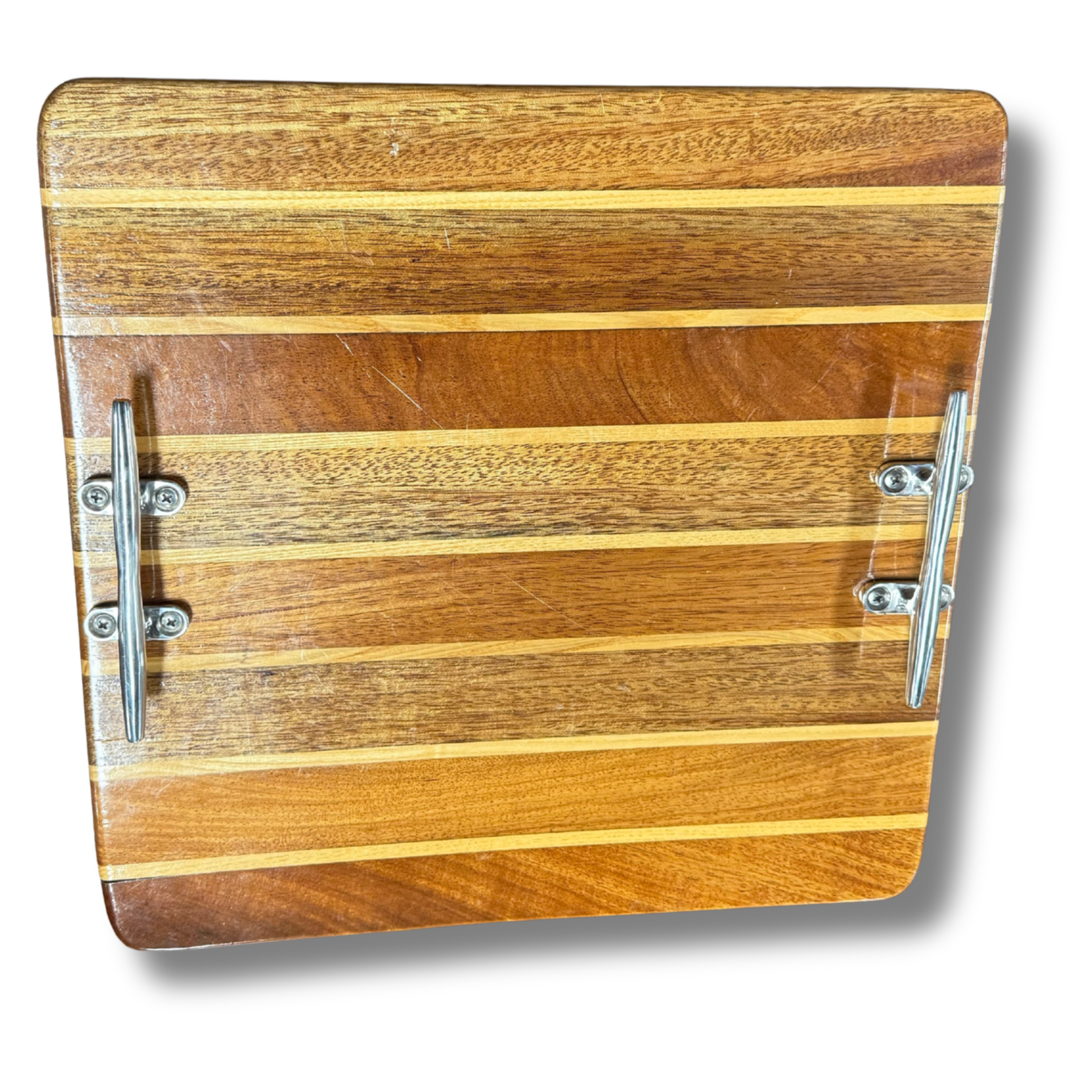 Teak Plank Serving Tray With Chrome Handles