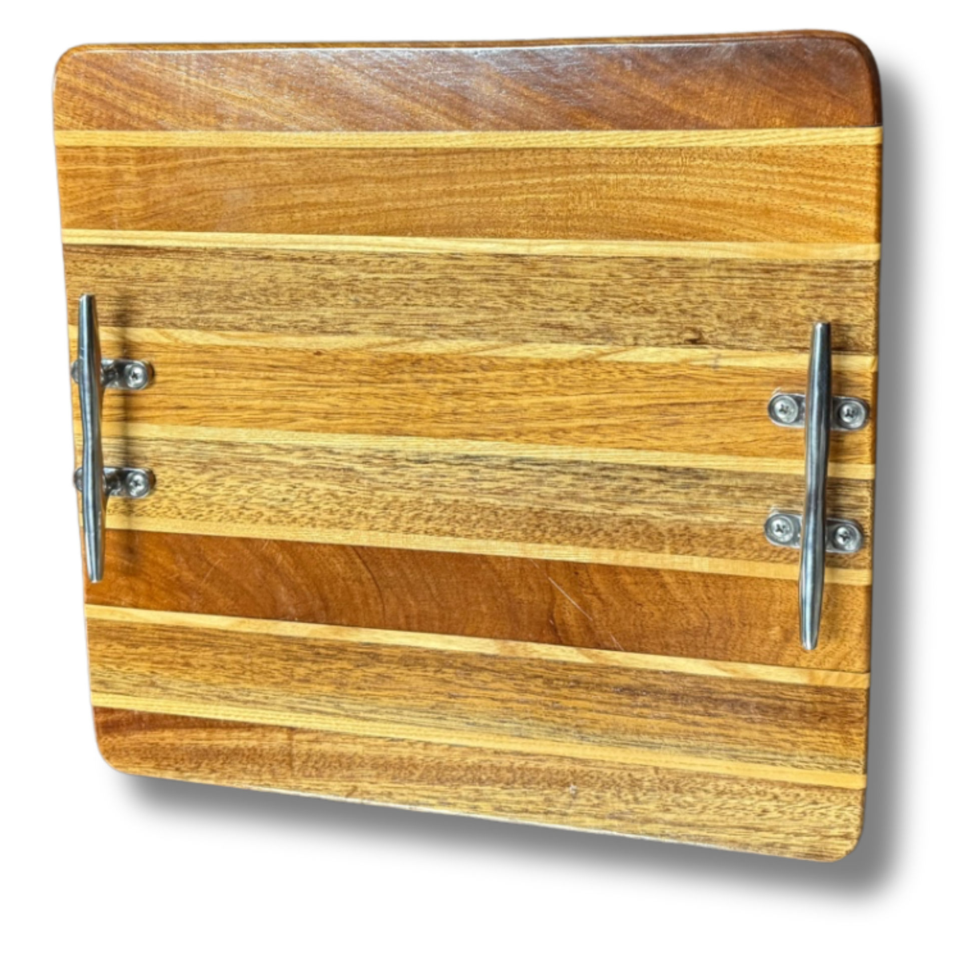 Teak Plank Serving Tray With Chrome Handles