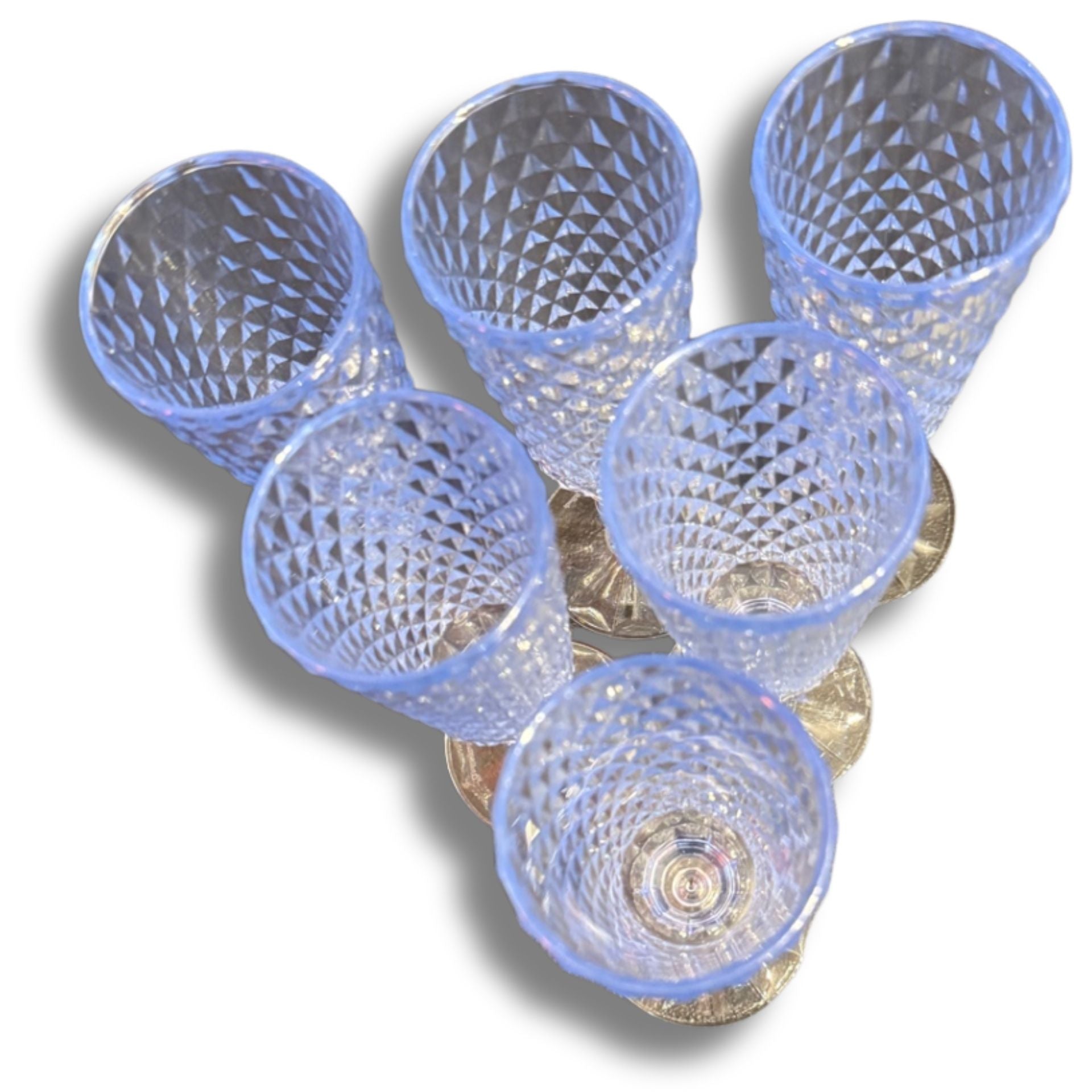 Set of 6 Vintage Blue Cut Glass Champagne Flutes — Diamond Pattern, Tall Stemware