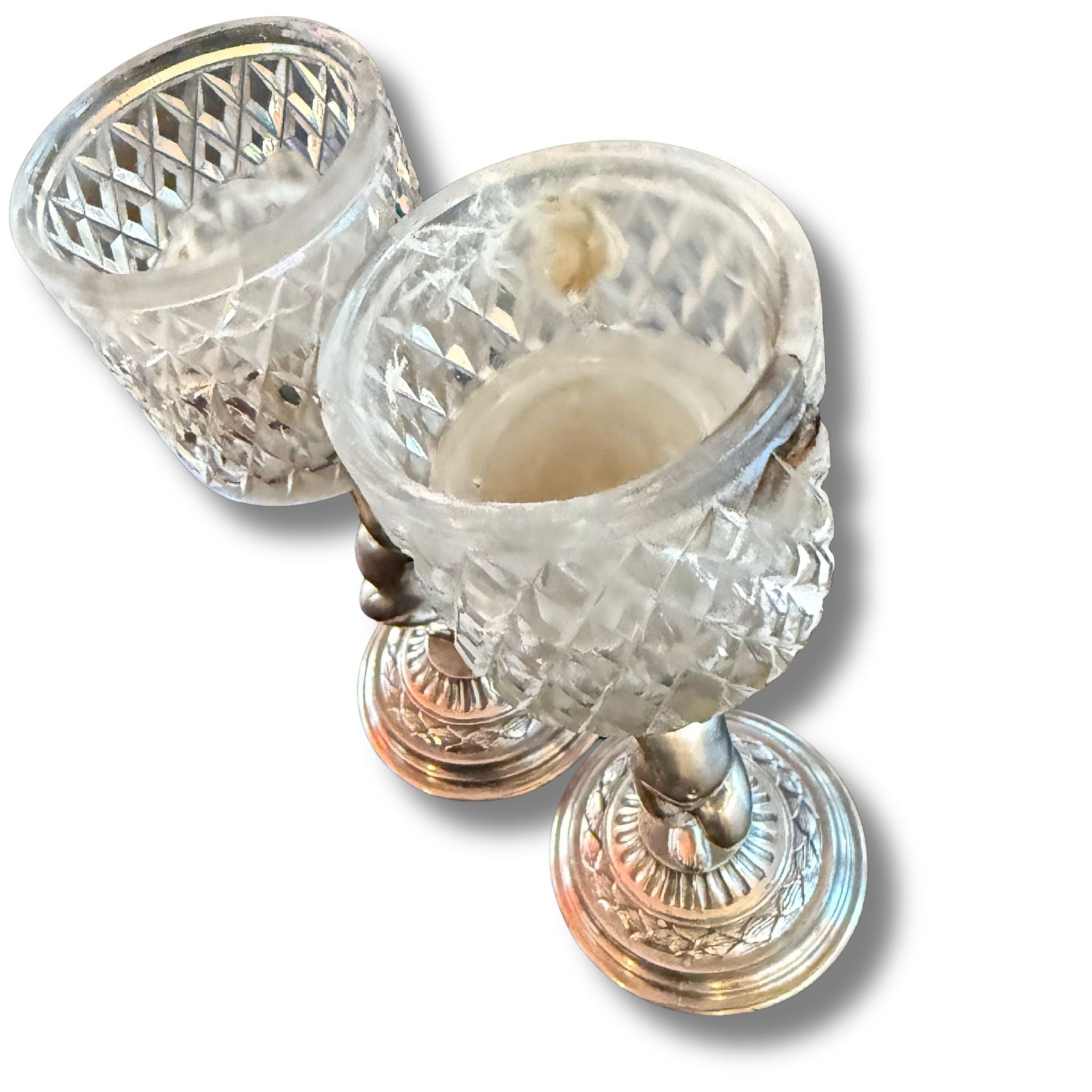 Set of 2 Modern Crystal Hurricane Candle Chrome Wire Holders With Silver Cherub Bases