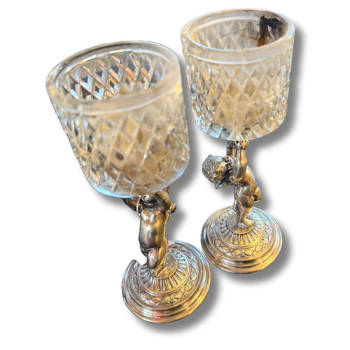 Set of 2 Modern Crystal Hurricane Candle Chrome Wire Holders With Silver Cherub Bases