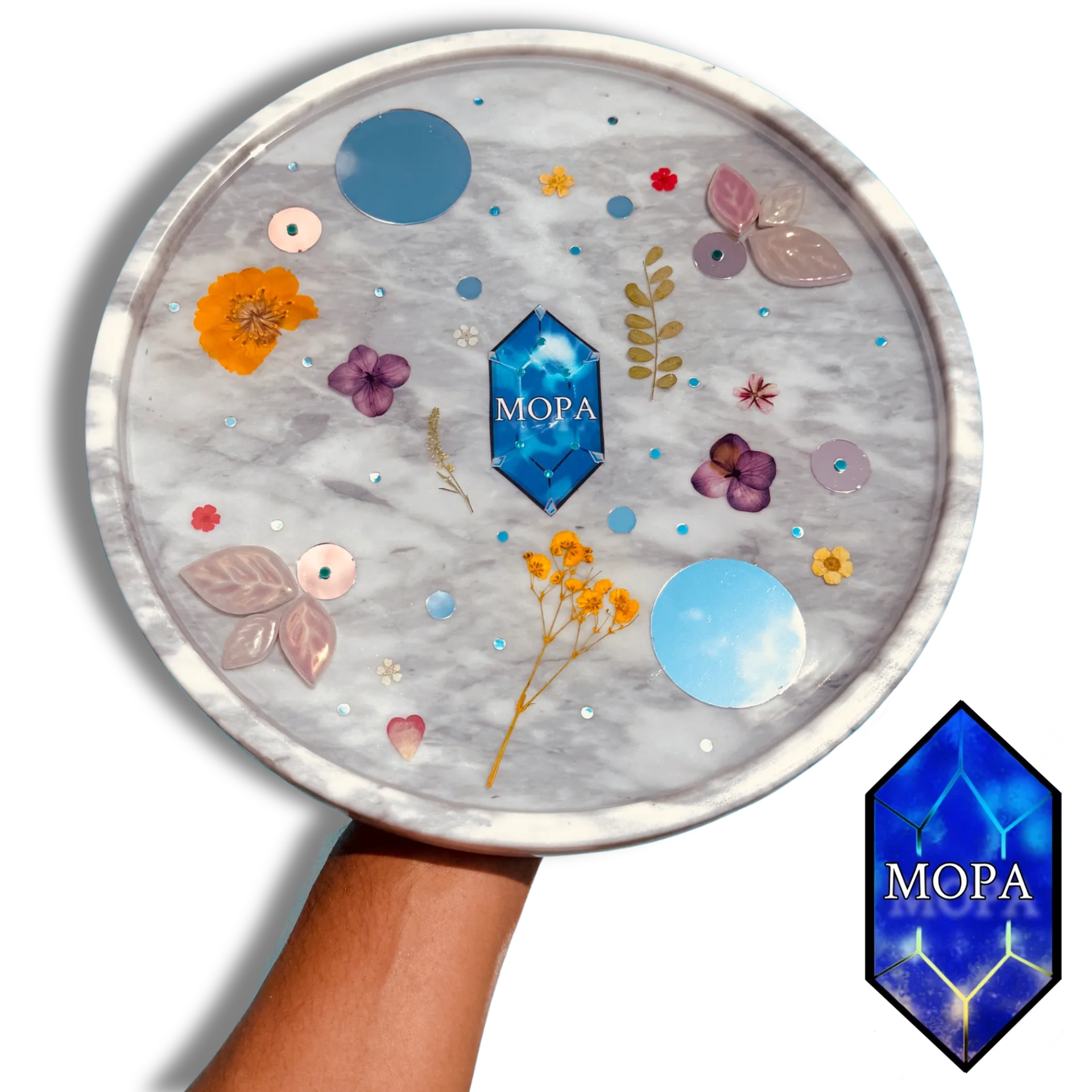 Handcrafted Floral Resin Tray On Marble Base By MOPA Arts