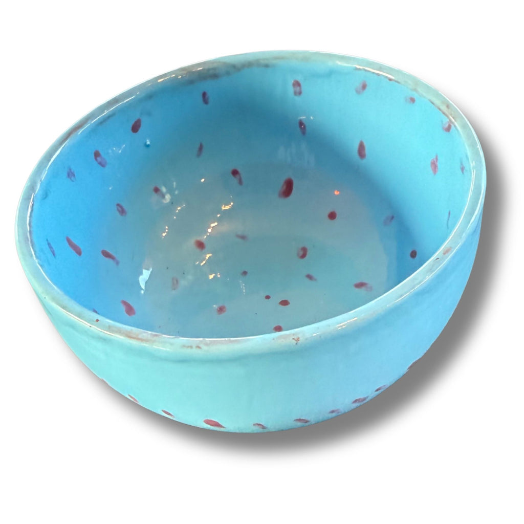Handmade Blue Ceramic Bowl With Painted Red Dot Pattern