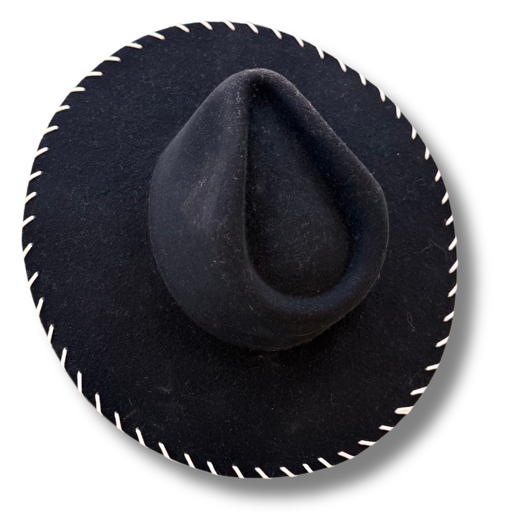 Handmade Black Wool Felt Hat With Leather Stitch Trim