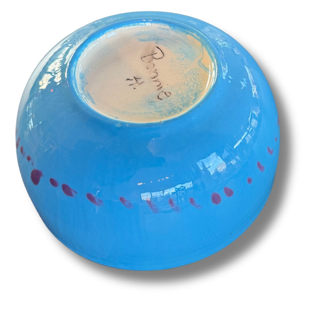 Handmade Blue Ceramic Bowl With Painted Red Dot Pattern