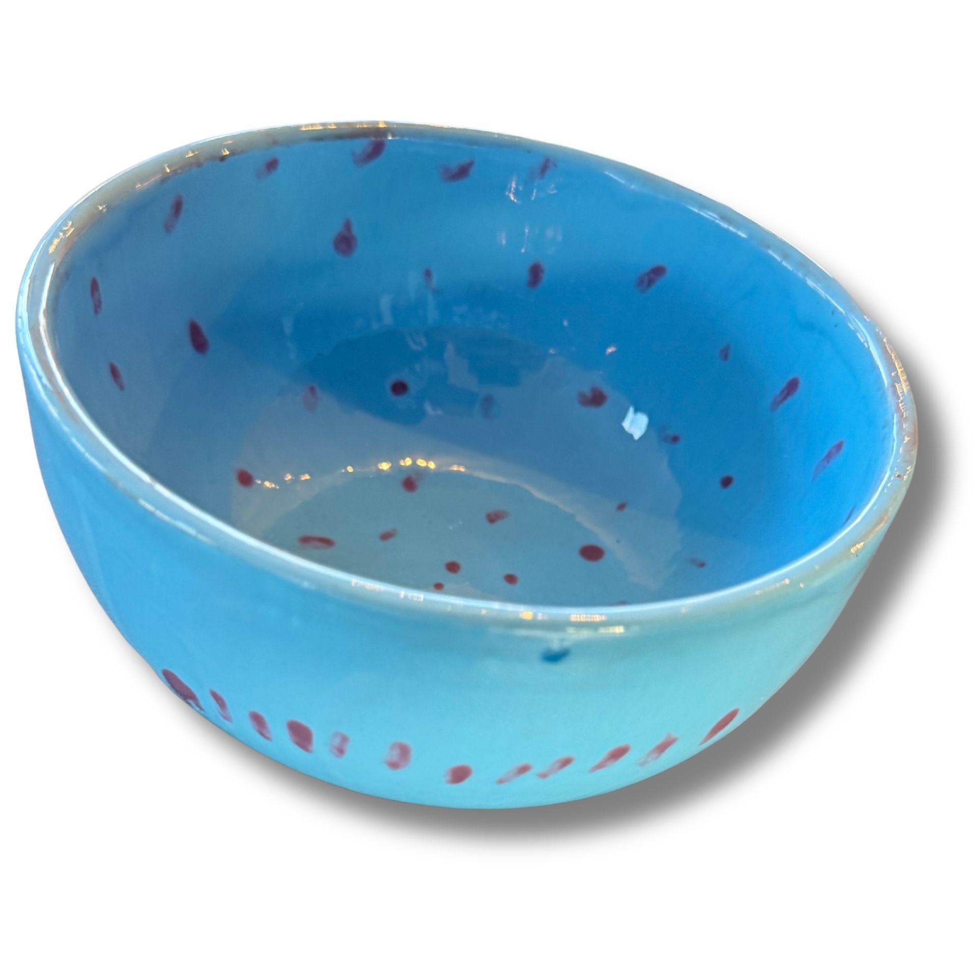 Handmade Blue Ceramic Bowl With Painted Red Dot Pattern