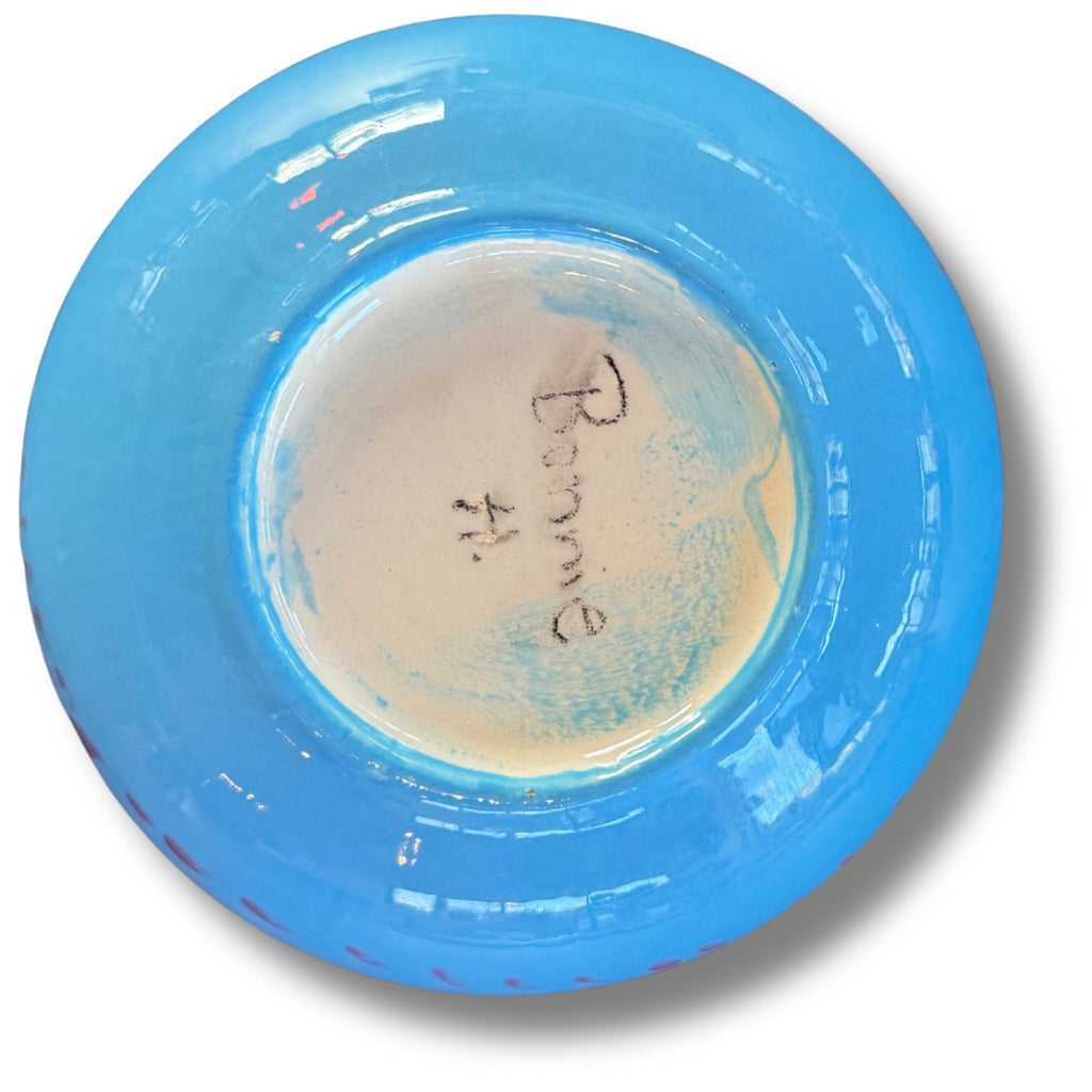 Handmade Blue Ceramic Bowl With Painted Red Dot Pattern