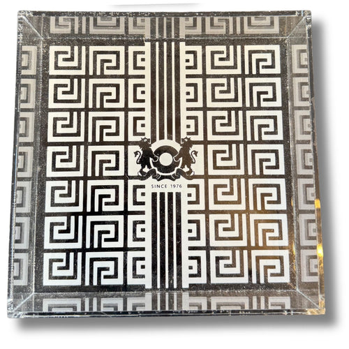 Modern Acrylic Catch Tray – Greek Key Pattern with Crest Accent (6" Square)