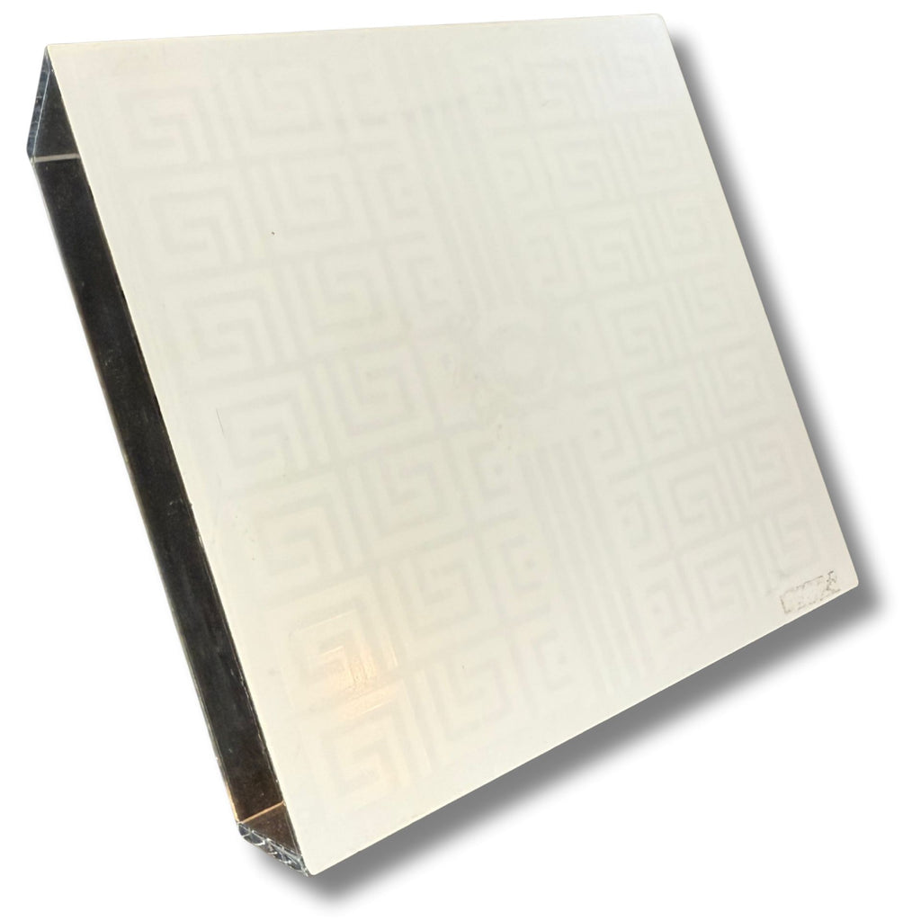 Modern Acrylic Catch Tray – Greek Key Pattern with Crest Accent (6" Square)