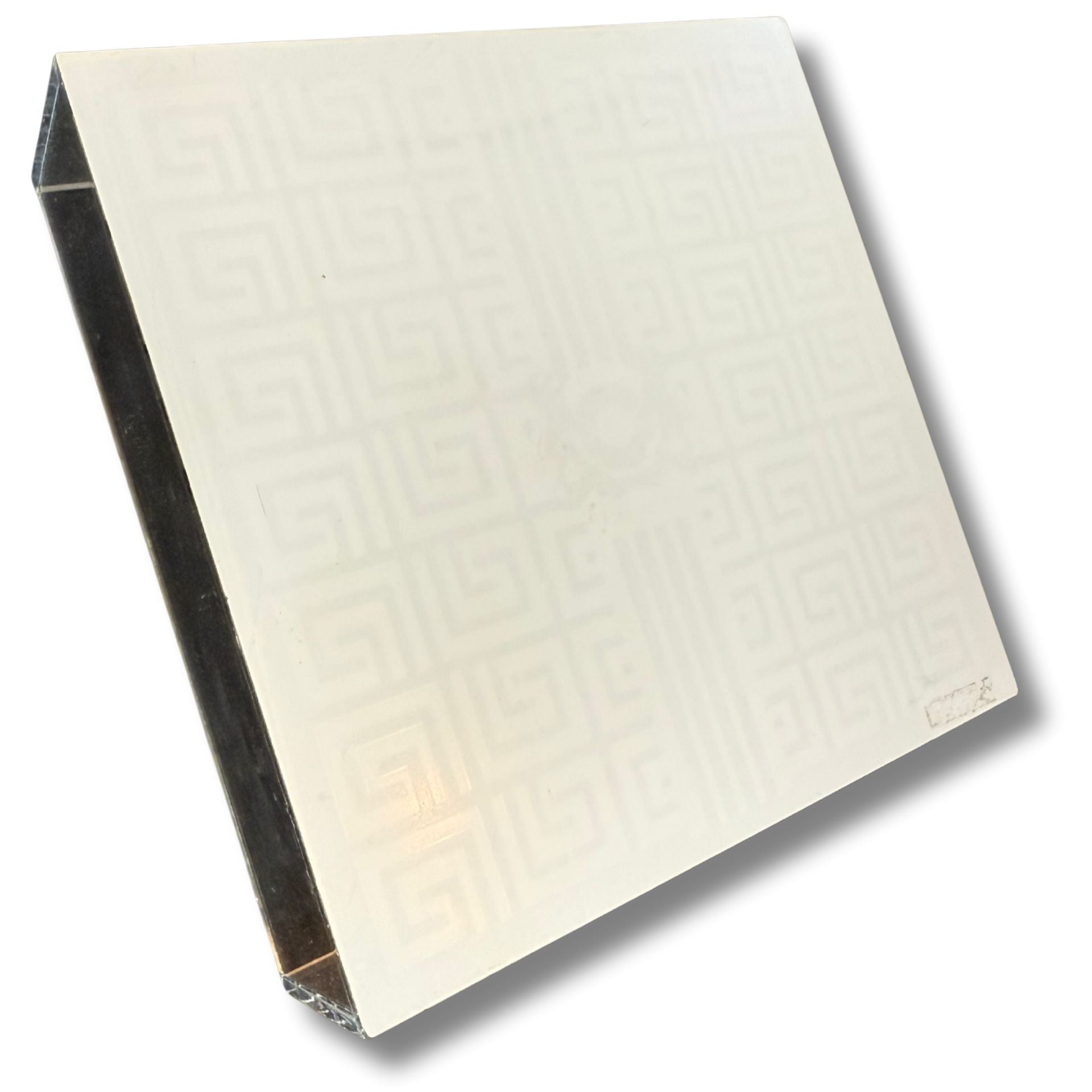 Modern Acrylic Catch Tray – Greek Key Pattern with Crest Accent (6" Square)