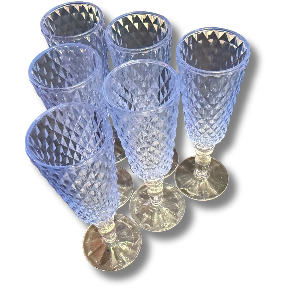 Set of 6 Vintage Blue Cut Glass Champagne Flutes — Diamond Pattern, Tall Stemware