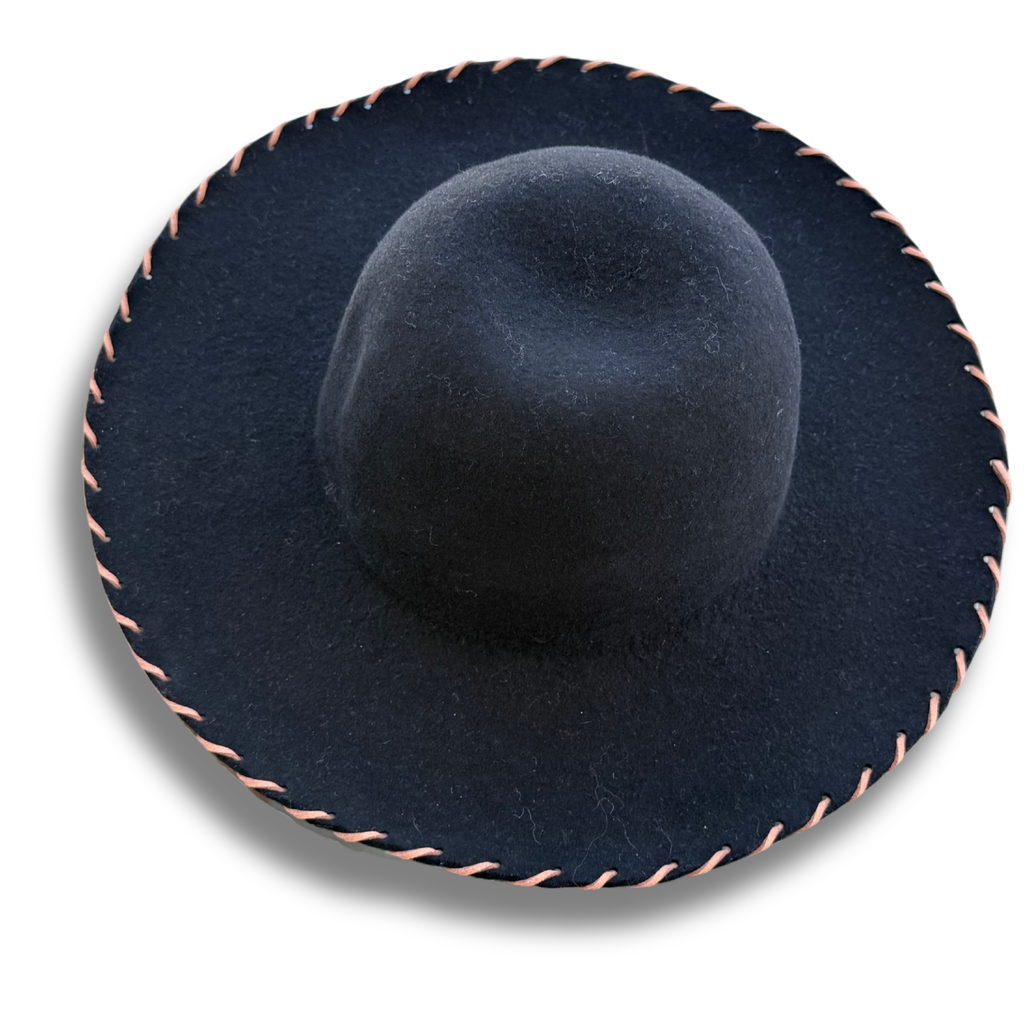 Soft Black Wool Felt Hat With Leather Stitch Trim