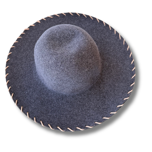 Charcoal Gray Hand-Stitched Felt Wide-Brim Hat