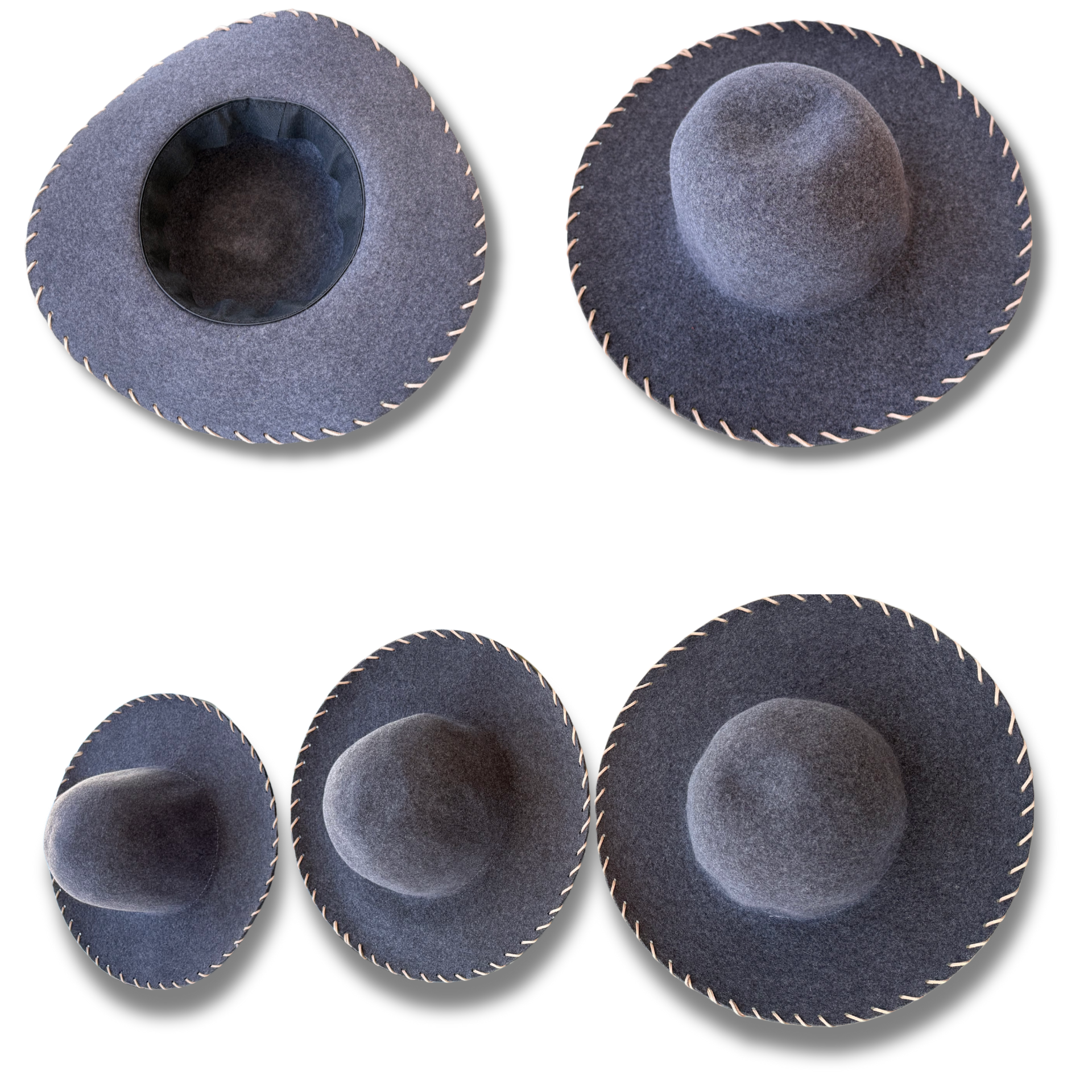 Charcoal Gray Hand-Stitched Felt Wide-Brim Hat