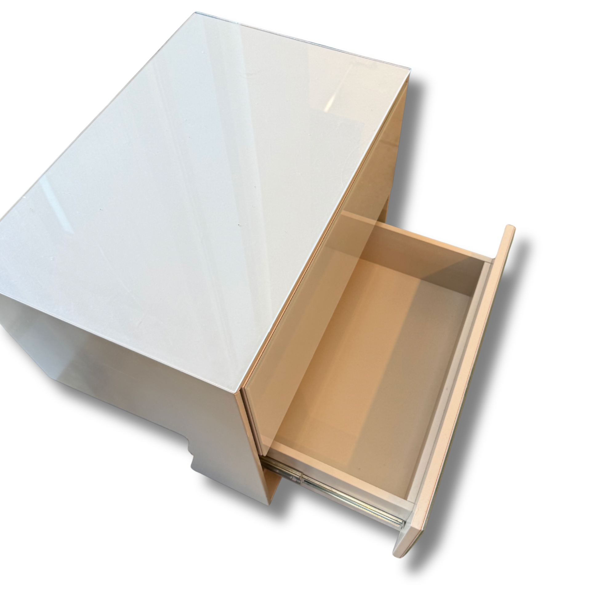 Bloomingdale’s Modern White Lacquer 2-Drawer Nightstand With Glass Top