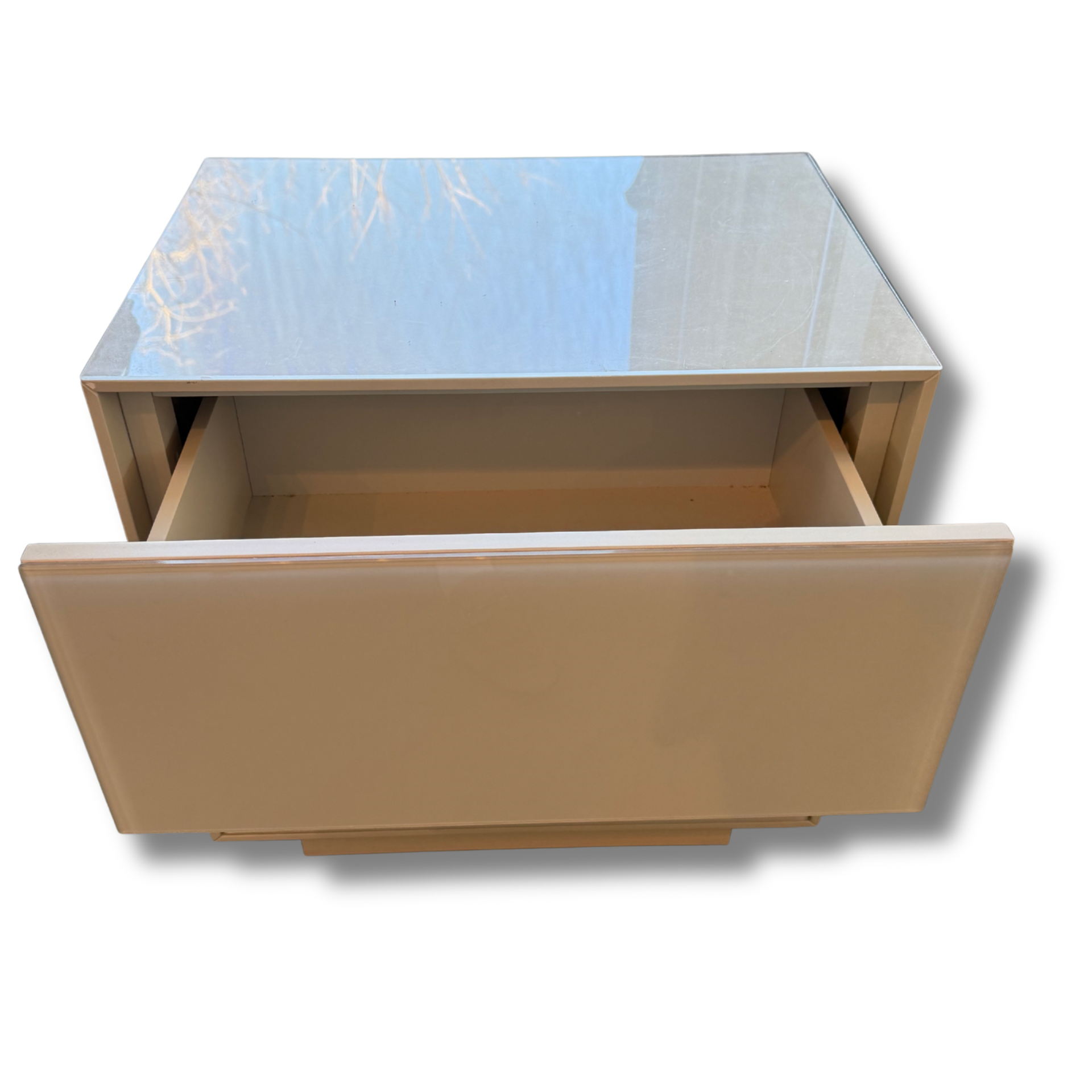 Bloomingdale’s Modern White Lacquer 2-Drawer Nightstand With Glass Top