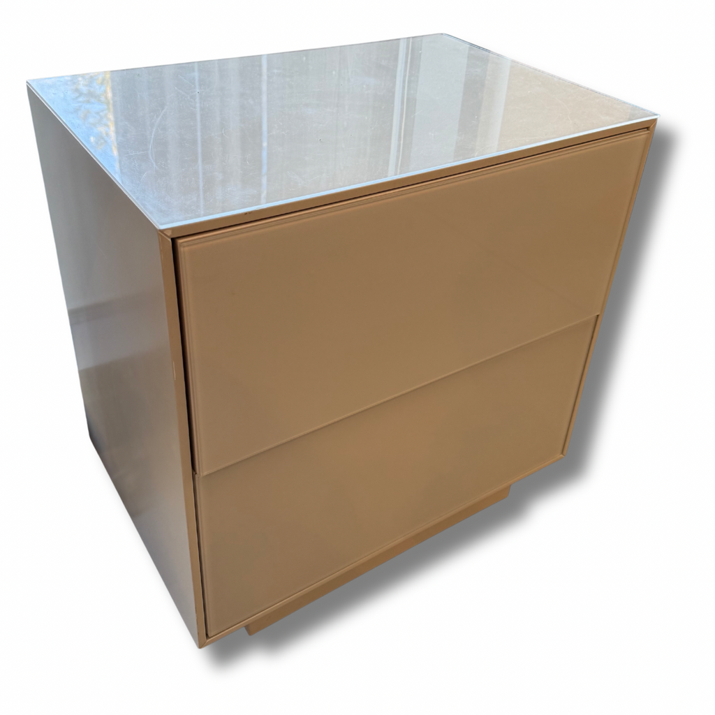 Bloomingdale’s Modern White Lacquer 2-Drawer Nightstand With Glass Top