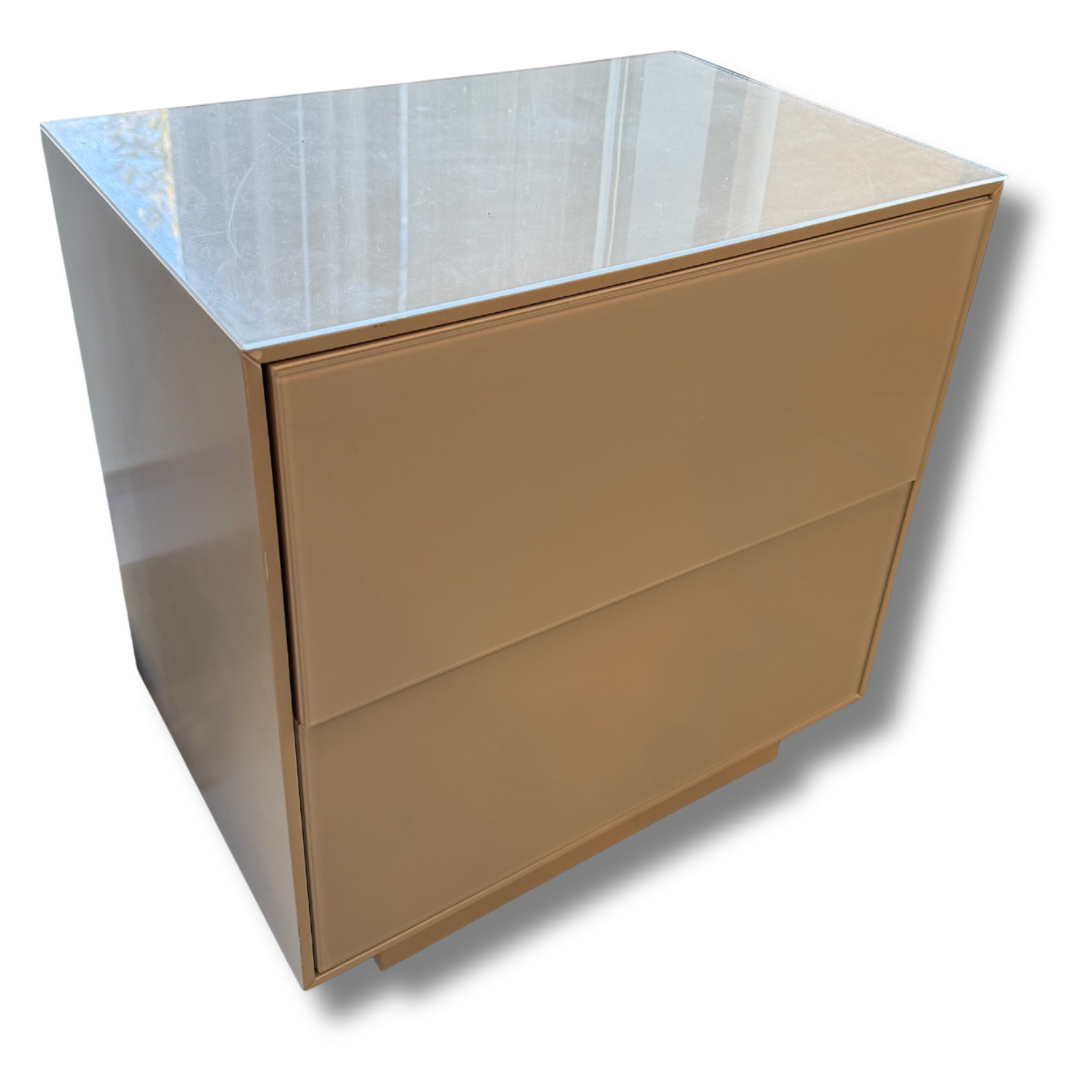 Bloomingdale’s Modern White Lacquer 2-Drawer Nightstand With Glass Top