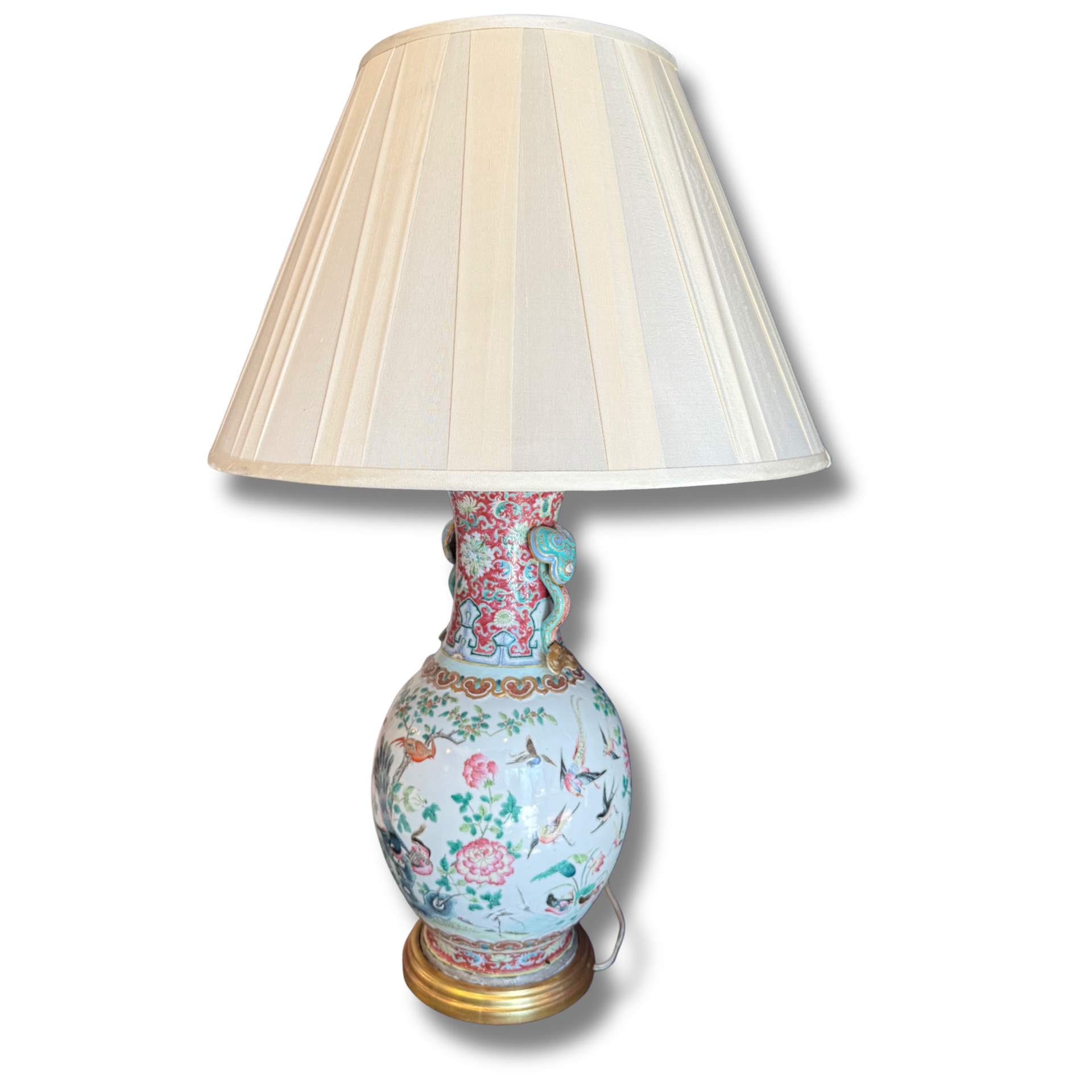 Vintage Gold Leaf Porcelain Urn Table Lamps With Floral & Bird Motif — Set of 2