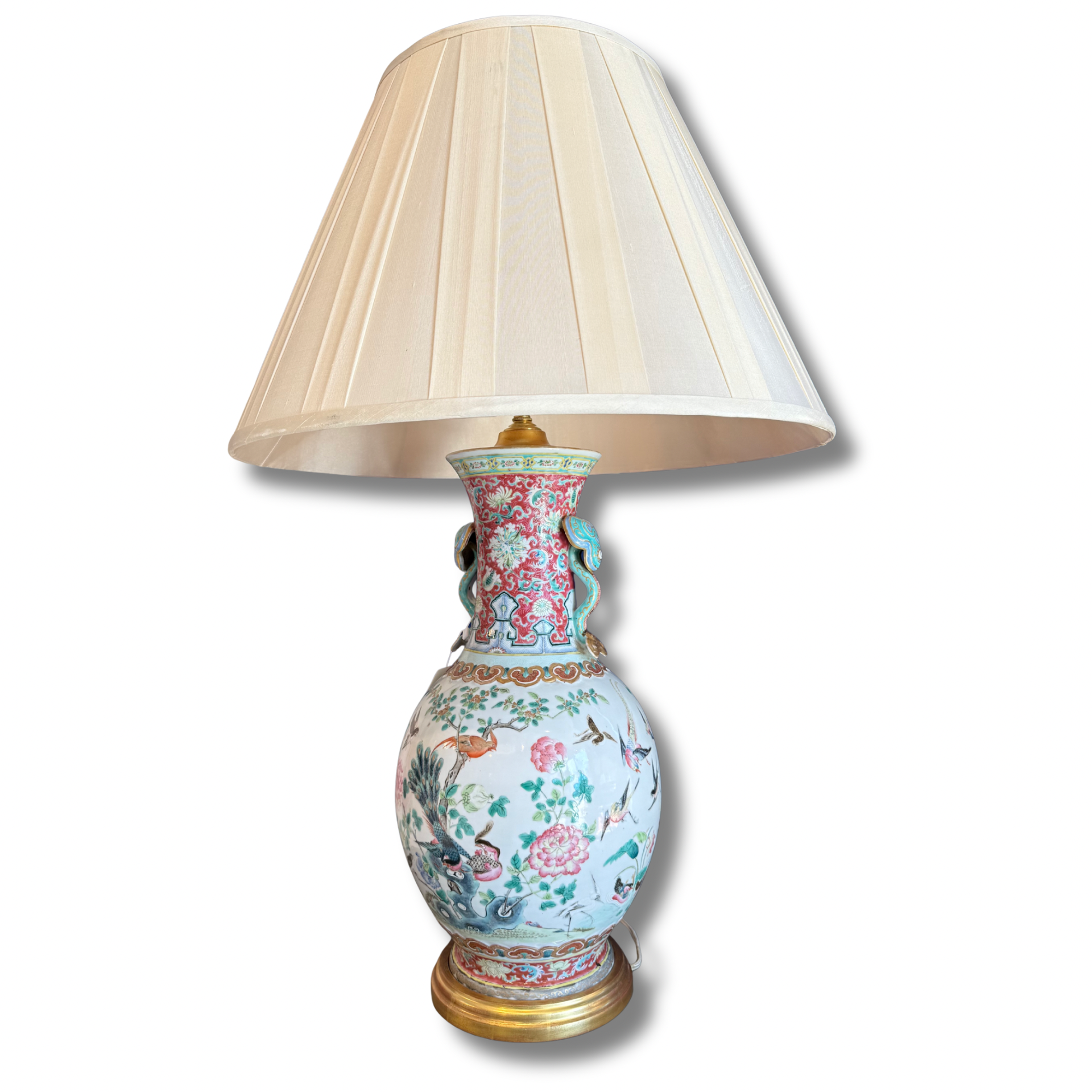 Vintage Gold Leaf Porcelain Urn Table Lamps With Floral & Bird Motif — Set of 2