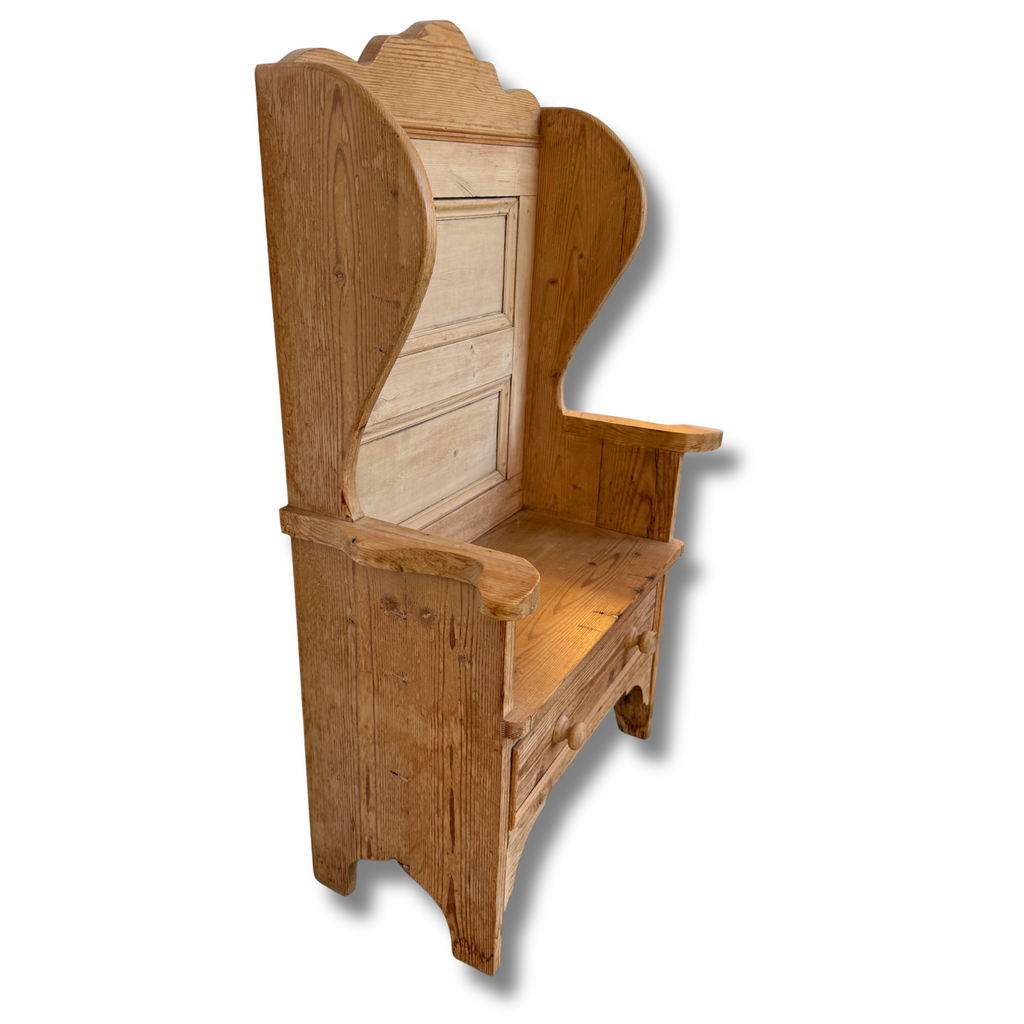 Vintage Pine Settle Bench With High Back & Storage Drawer