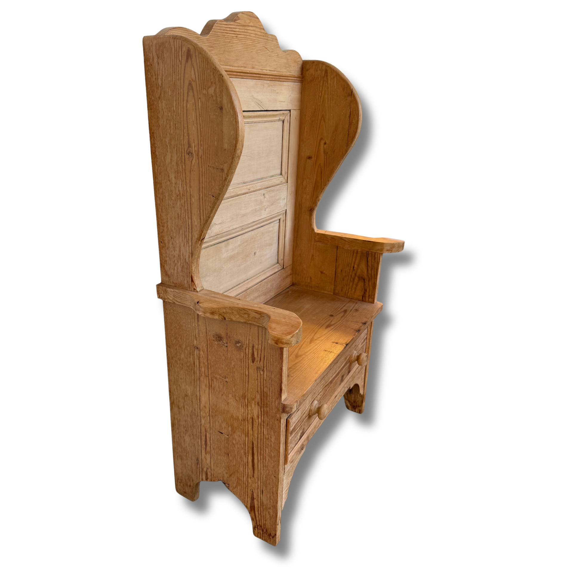 Vintage Pine Settle Bench With High Back & Storage Drawer