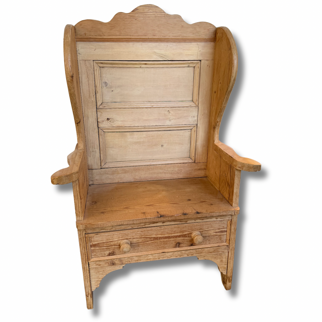 Vintage Pine Settle Bench With High Back & Storage Drawer