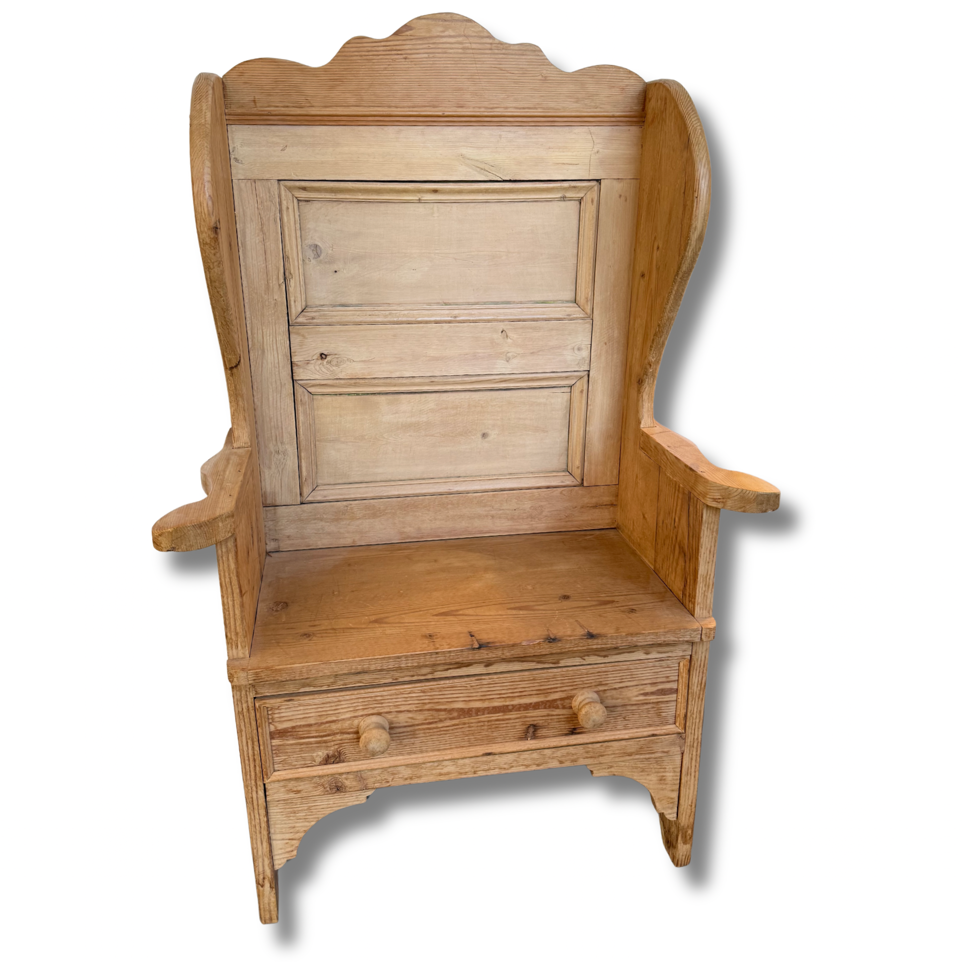 Vintage Pine Settle Bench With High Back & Storage Drawer