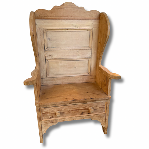 Vintage Pine Settle Bench With High Back & Storage Drawer