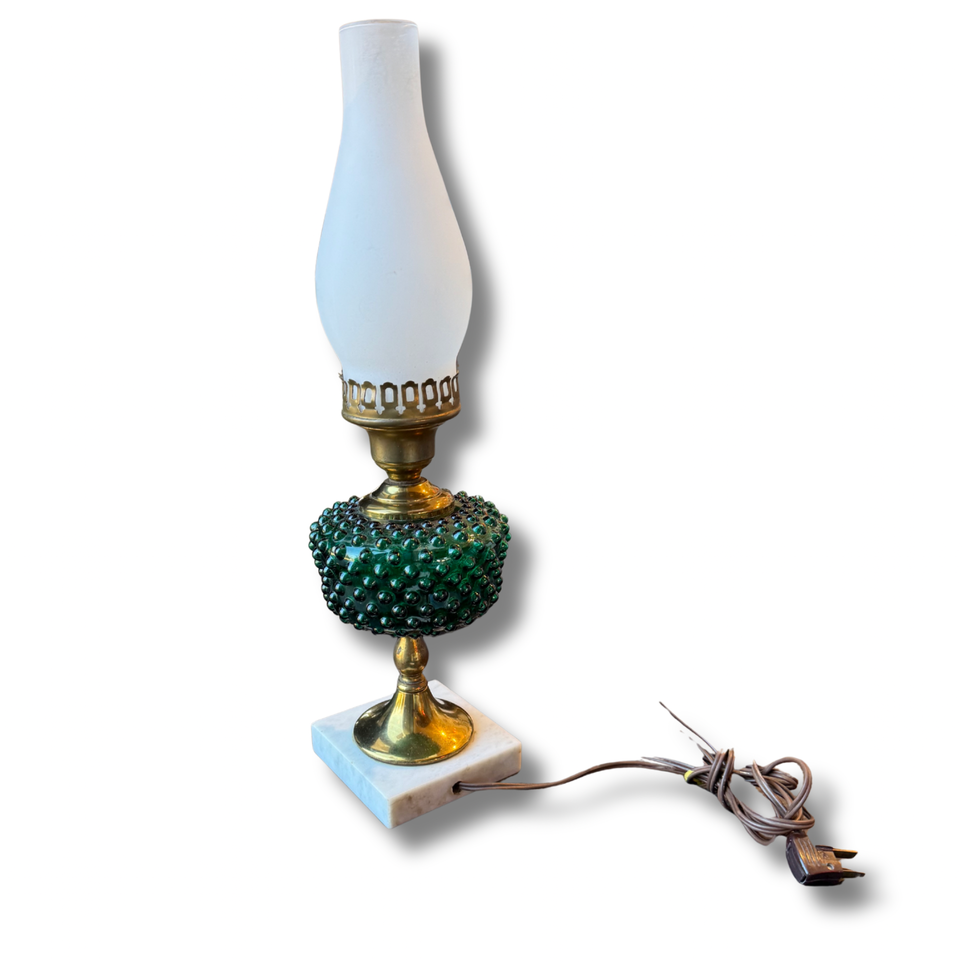 Vintage Chrome & Green Hobnail Glass Desk Lamp With Milk Glass Chimney