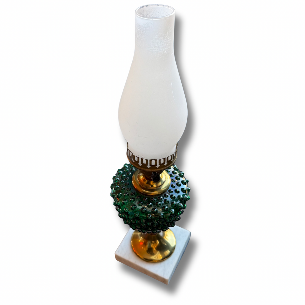 Vintage Chrome & Green Hobnail Glass Desk Lamp With Milk Glass Chimney