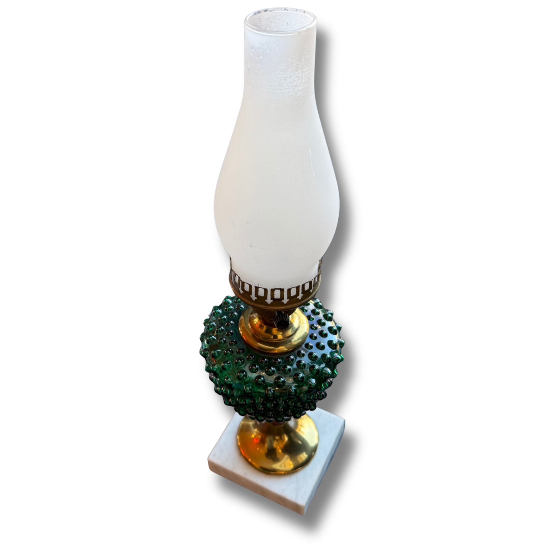 Vintage Chrome & Green Hobnail Glass Desk Lamp With Milk Glass Chimney