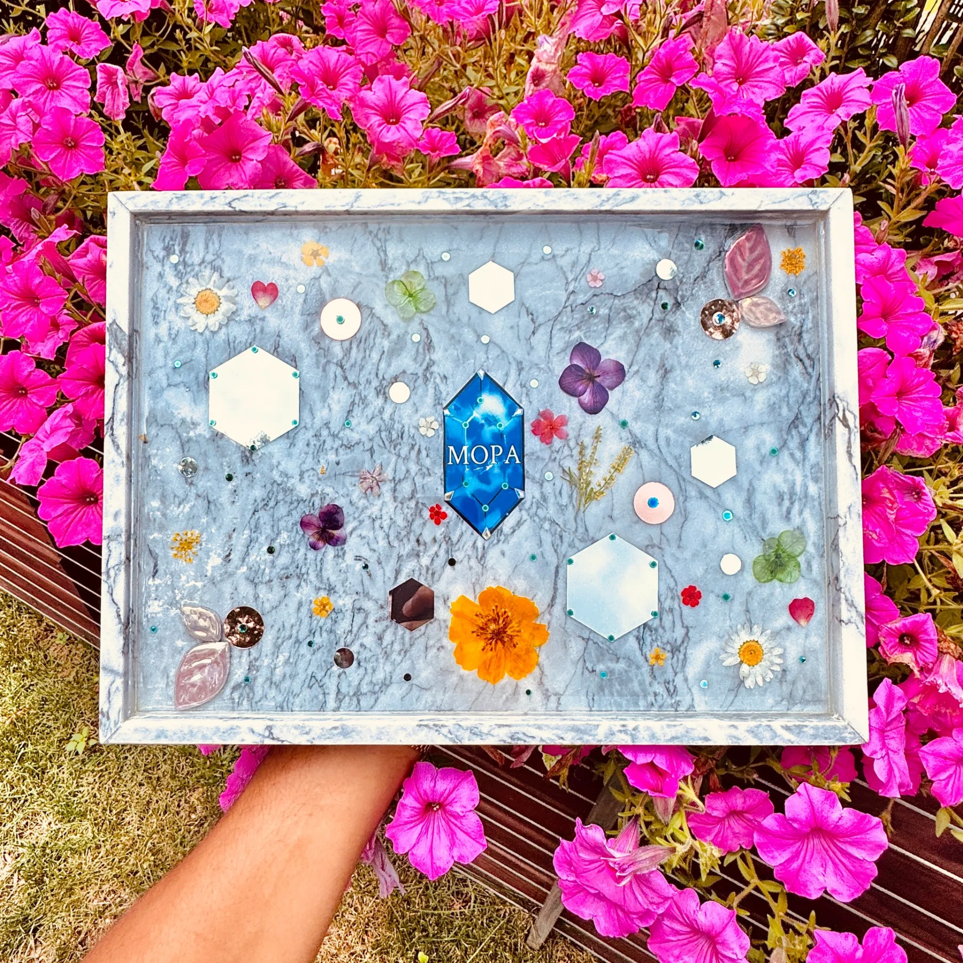 Handcrafted Floral Resin Tray On Marble Base By MOPA Arts