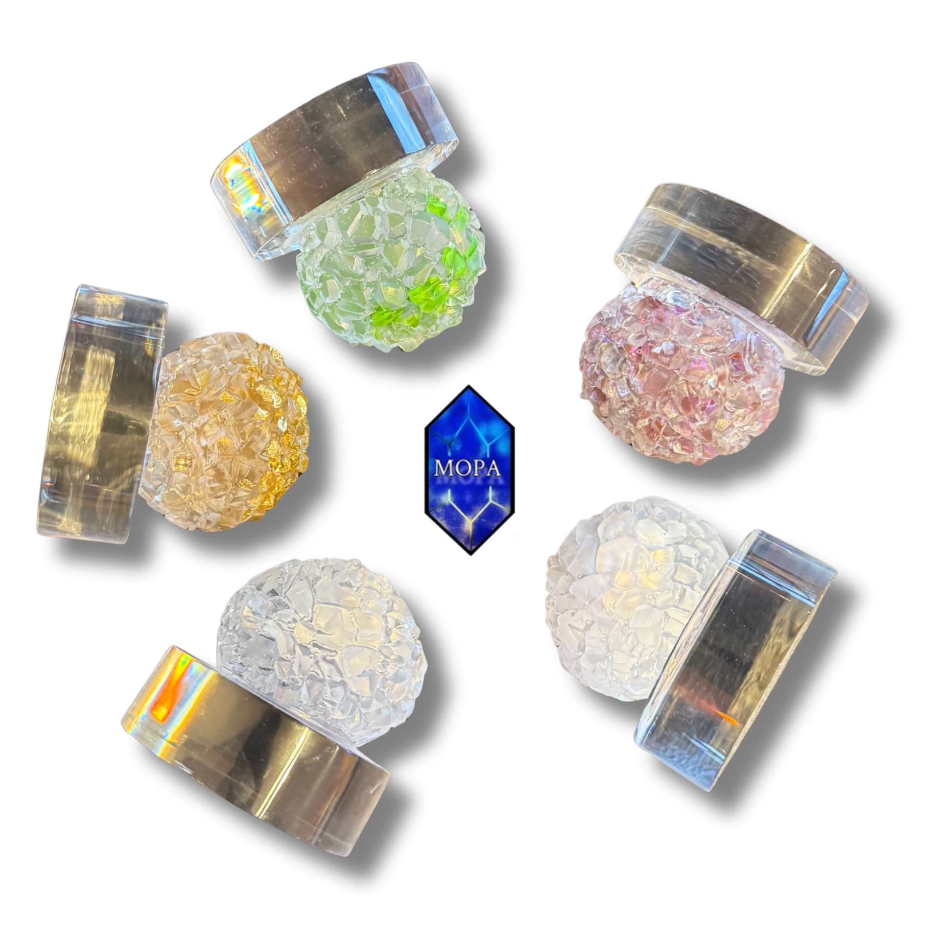Handcrafted Resin & Crushed Glass Paperweights On Lucite By MOPA Arts