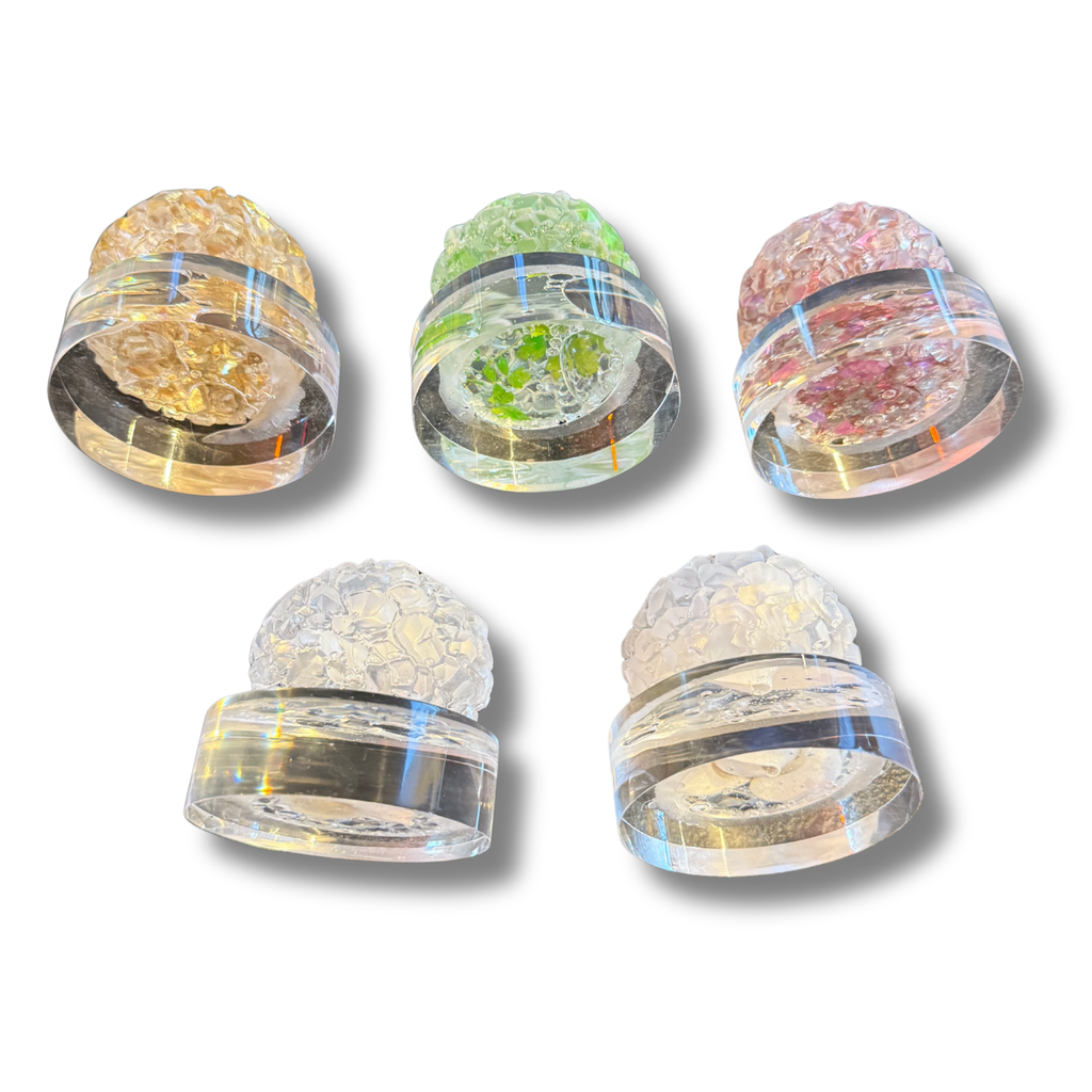 Handcrafted Resin & Crushed Glass Paperweights On Lucite By MOPA Arts