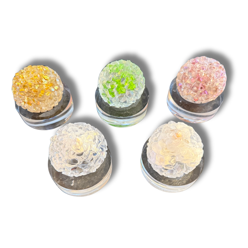 Handcrafted Resin & Crushed Glass Paperweights On Lucite By MOPA Arts