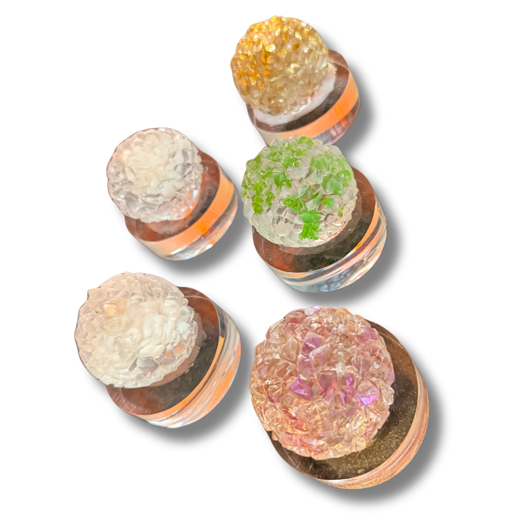 Handcrafted Resin & Crushed Glass Paperweights On Lucite By MOPA Arts