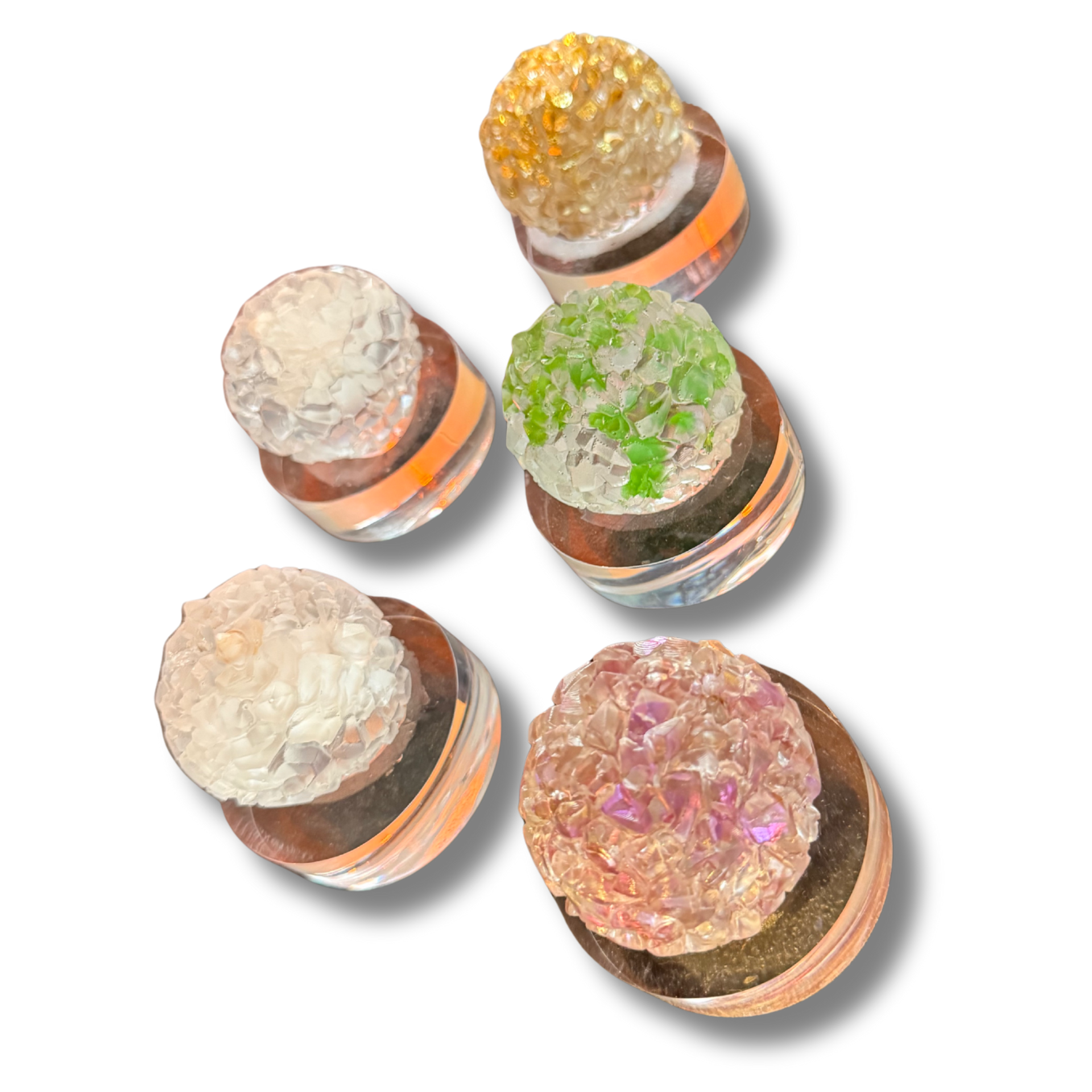 Handcrafted Resin & Crushed Glass Paperweights On Lucite By MOPA Arts