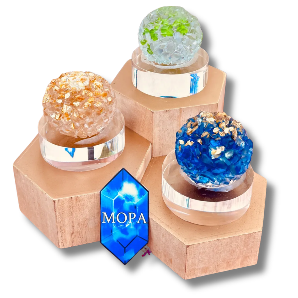 Handcrafted Resin & Crushed Glass Paperweights On Lucite By MOPA Arts