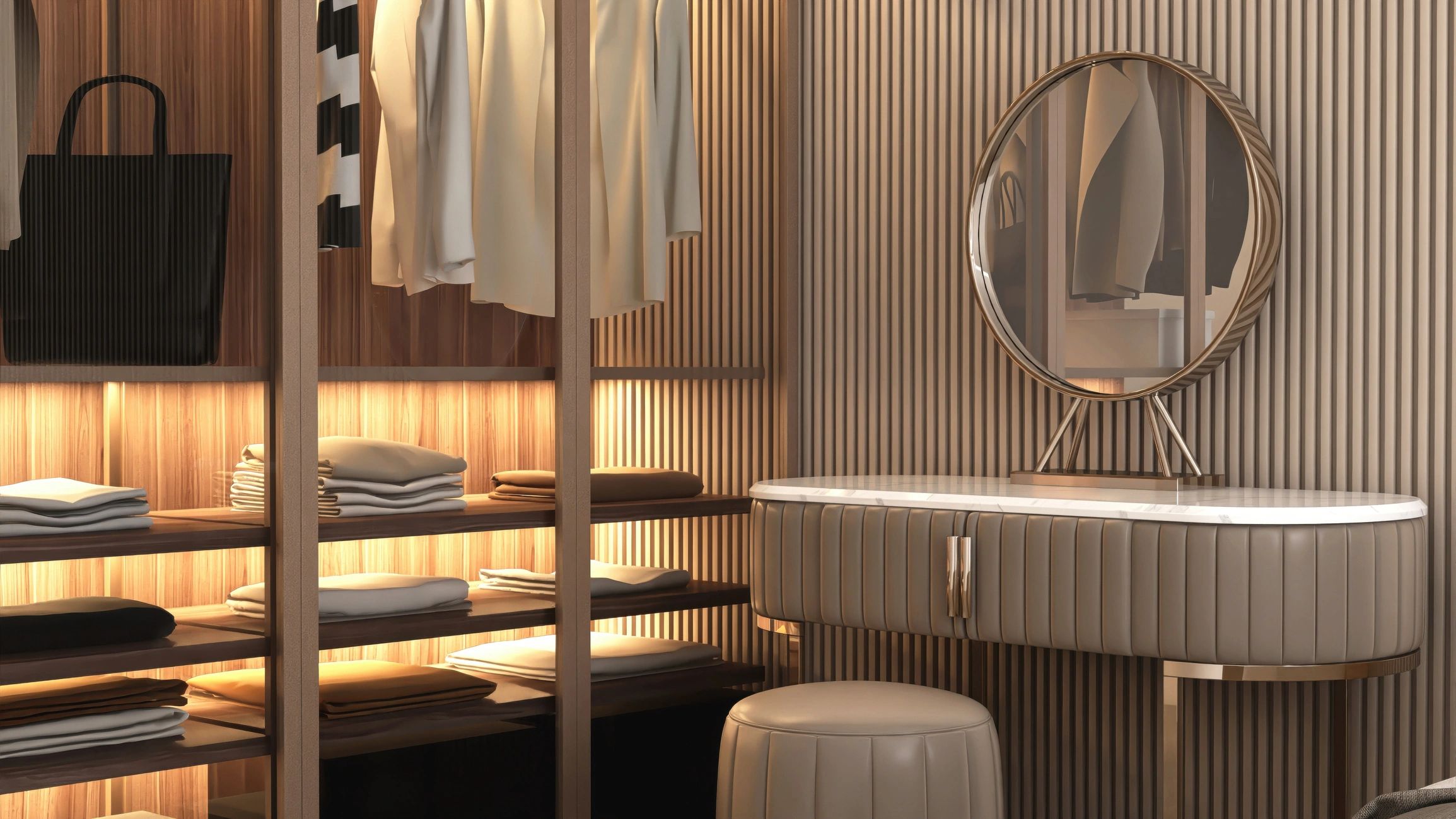 Neutral vanity vignette with round mirror and wardrobe