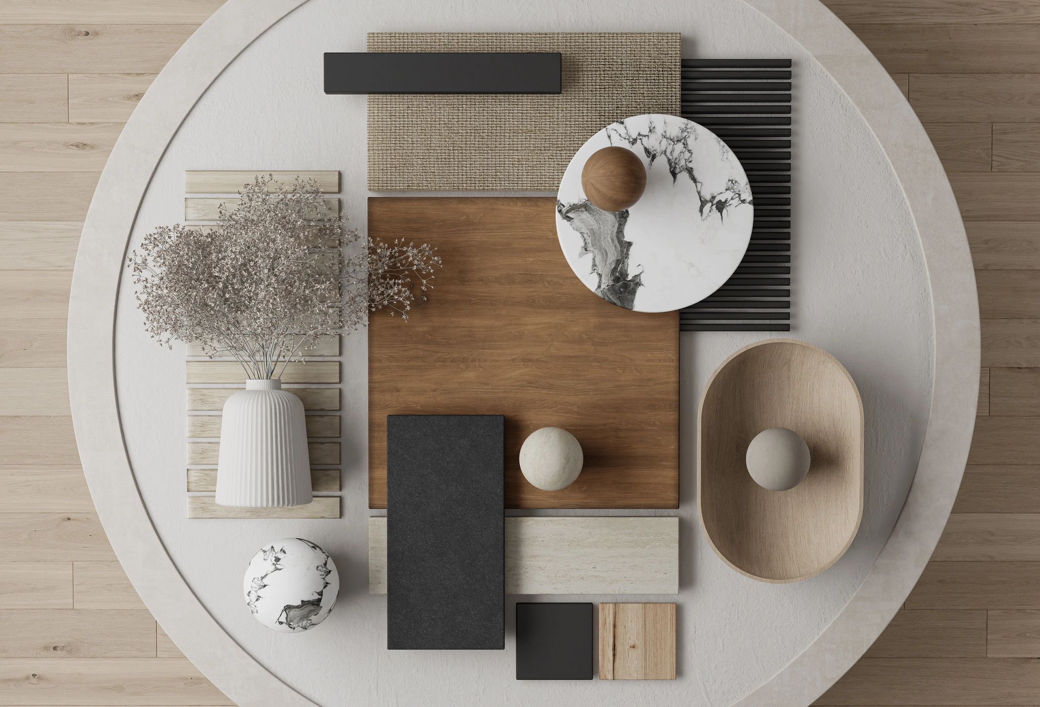Japandi materials moodboard flat lay on stone table